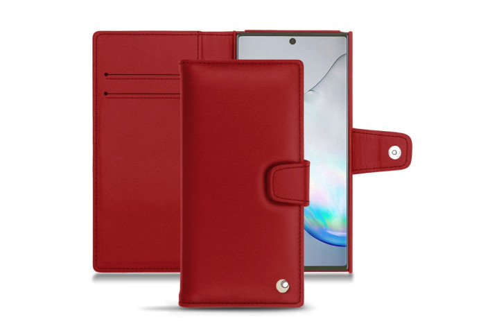 Noreve custom leather wallet case in red for the Samsung Galaxy Note 10 Plus.