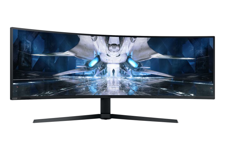 Samsung's Odyssey Neo G9 gaming monitor placed on a white background while displaying vibrant imagery.