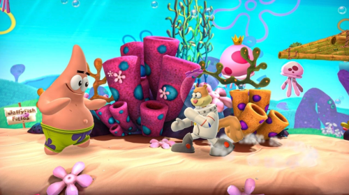 Patrick Star and Sandy Cheeks fight in Nickelodeon All-Star Brawl