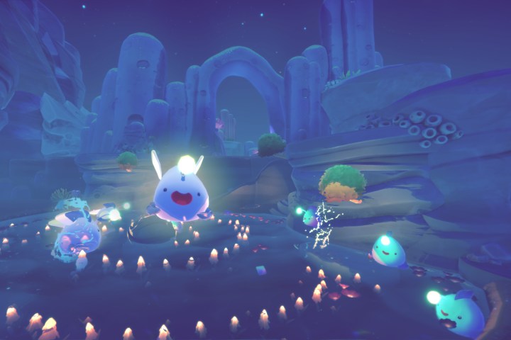 Wile slimes glow at night in Slime Rancher 2.