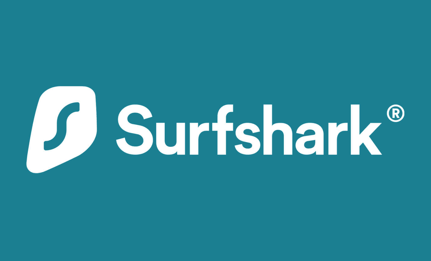 O logotipo do Surfshark em um fundo azul.
