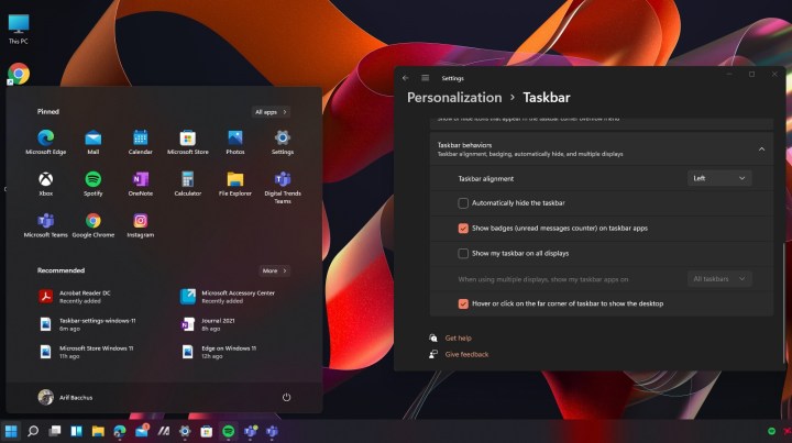 The taskbar on the left of the screen in Windows 11 and the Taskbar Setting screen.