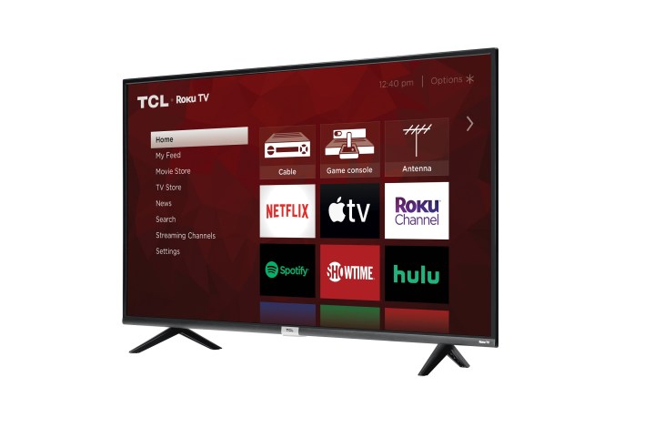The TCL Class 4 Series 4K UHD Smart Roku TV in an angled view.
