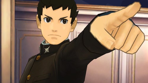 A character points a finger in The Great Ace Attorney Chronicles.