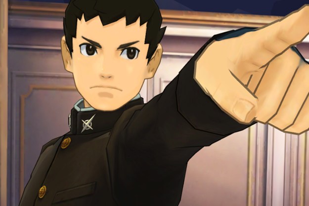 A character points a finger in The Great Ace Attorney Chronicles.