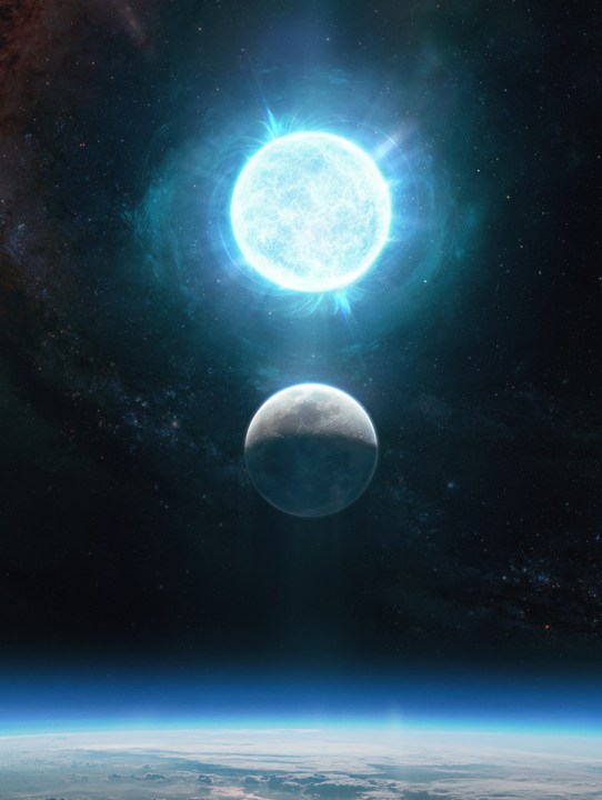 The white dwarf ZTF J1901+1458 is about 2,670 miles across, while the moon is 2,174 miles across. It is depicted above the Moon in this artistic representation.