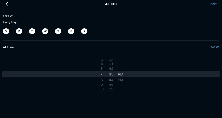 Alexa app showing options to set alarm times for a routine.