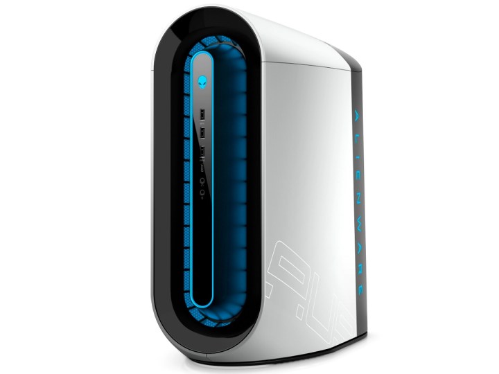 An angled view of the white Alienware Aurora R12 gaming PC.