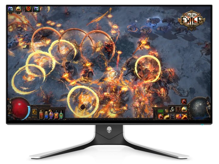 A 27-inch Alienware gaming monitor with a screenshot of Path to Exile on the screen.