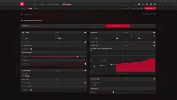 O aplicativo AMD Performance Tuning mostrando o desempenho da GPU.