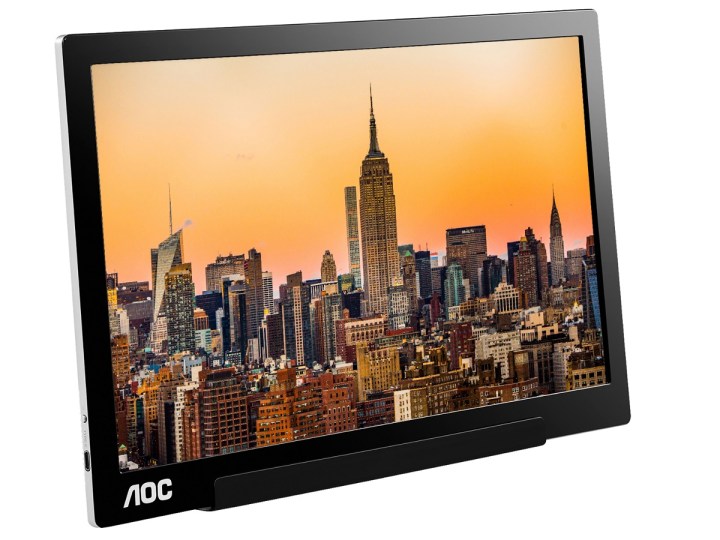 The AOC I1601C portable monitor with a cityscape image on its 15.6-inch screen.