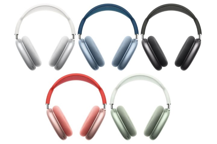 five pairs of Apple Air Pods max over-the-ear headphones in each color white blue gray pink green on a white background