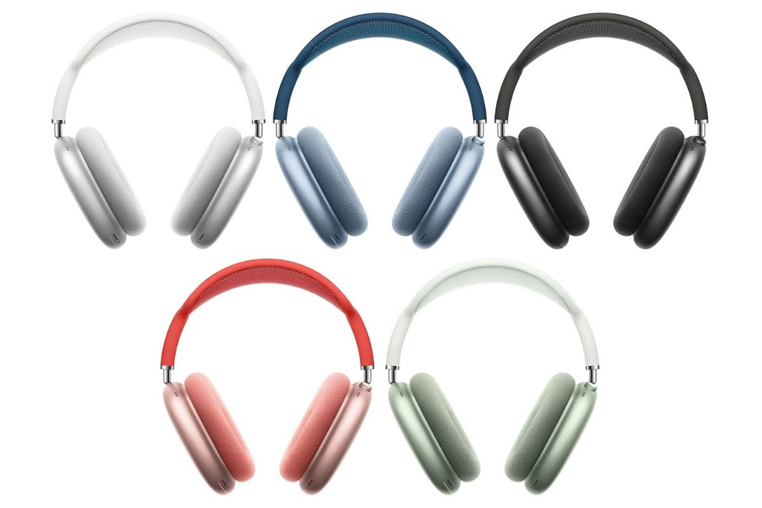 cinco pares de cápsulas de aire de Apple max sobre los auriculares en cada color blanco azul gris rosa verde sobre un fondo blanco