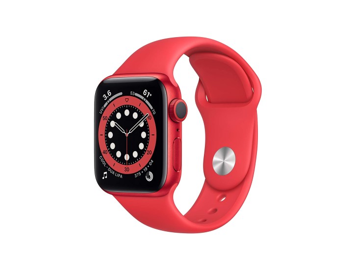 Apple Watch Series 6 with red aluminum case and red sport band.