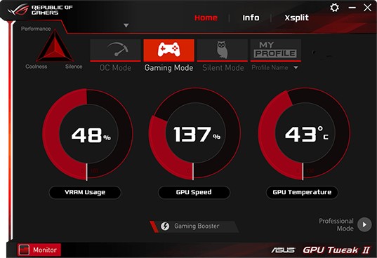 The Asus GPU Tweak II showing game mode information.