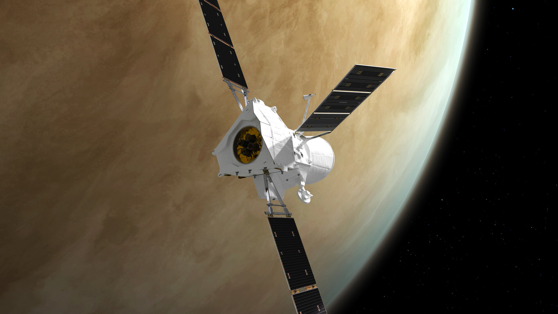 Künstlerische Darstellung von BepiColombo, die am 10. August 2021 an der Venus vorbeifliegt. Die Raumsonde führt neun Manöver zur Unterstützung der Schwerkraft durch (eines auf der Erde, zwei auf der Venus und sechs auf Merkur), bevor sie in die Umlaufbahn um den innersten Planeten des Sonnensystems einschwenkt.
