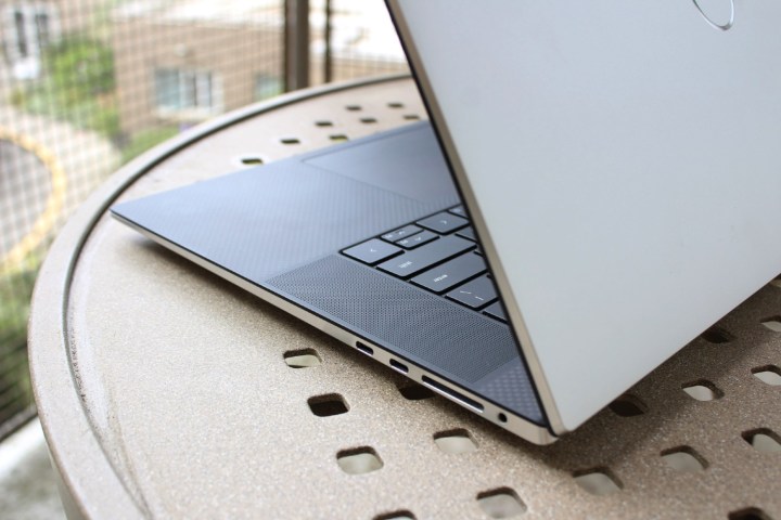 The Dell XPS 17, open to reveal its carbon-fiber palm rests.