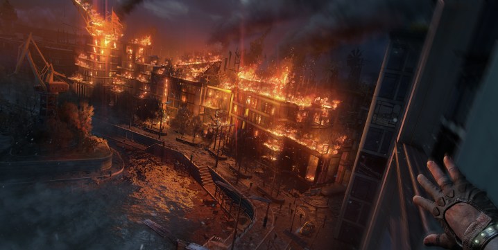 Buildings burning in Dying Light 2.