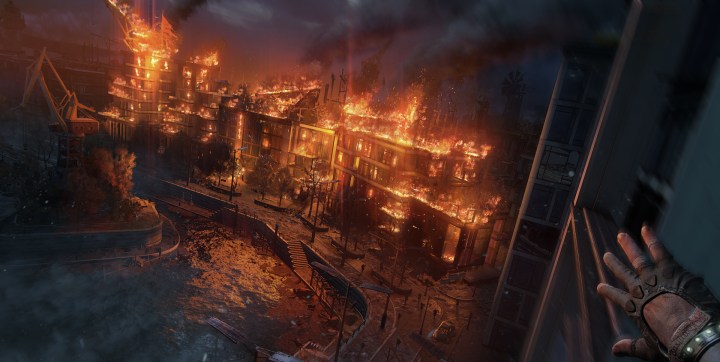 Buildings burn in Dying Light 2.