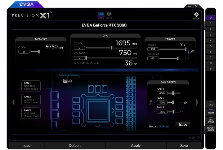 The dashboard of the Evga Precision X1 app.