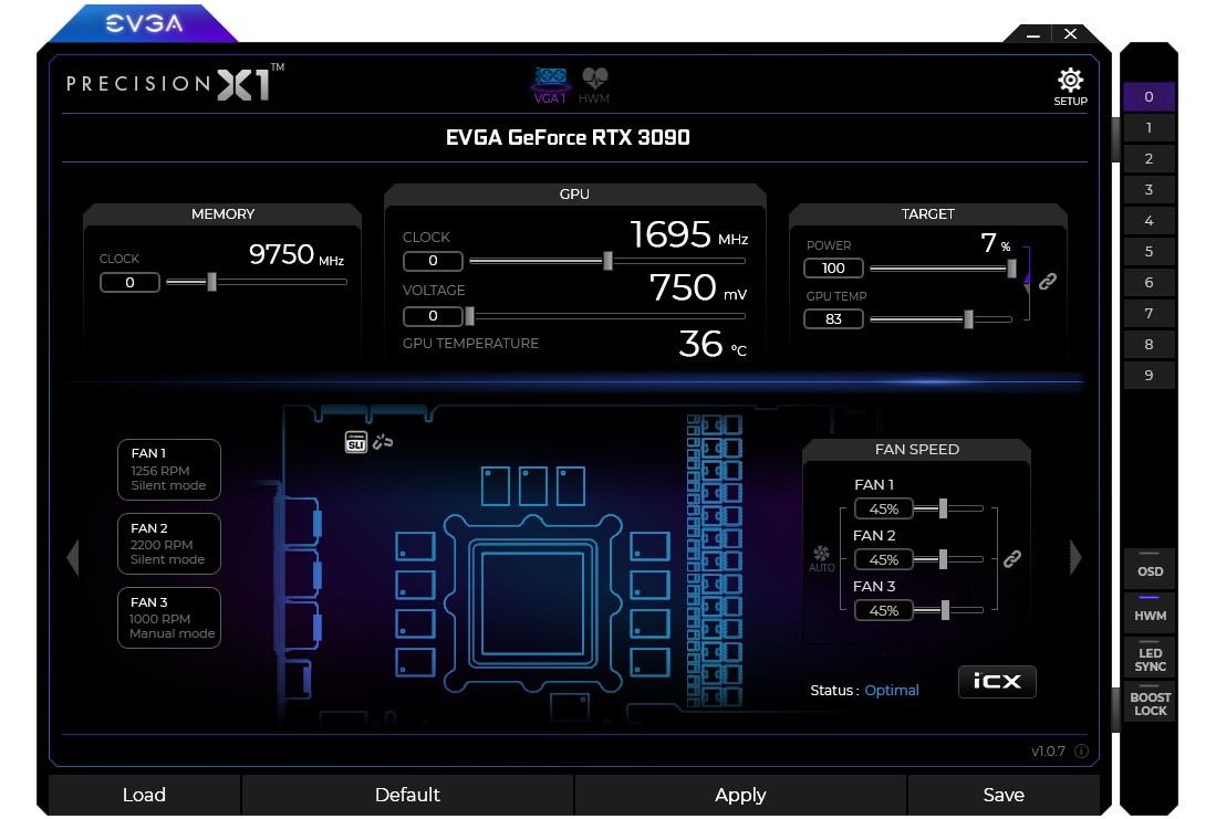 O painel do aplicativo Evga Precision X1.