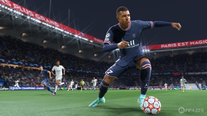 Soccer player makes a hand signal at the camera in FIFA 22.