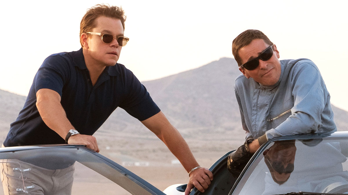 Matt Damon e Christian Bale em Ford x Ferrari.