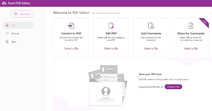 The main menu screen of the Foxit PDF editor online free web app.