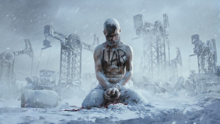 A frozen man with Liar written on his chest sits in front of oil rigs in Frostpunk 2.