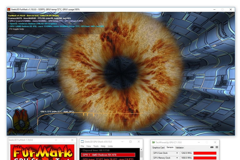 FurMark por Geeks3D executando teste de renderização de peles.