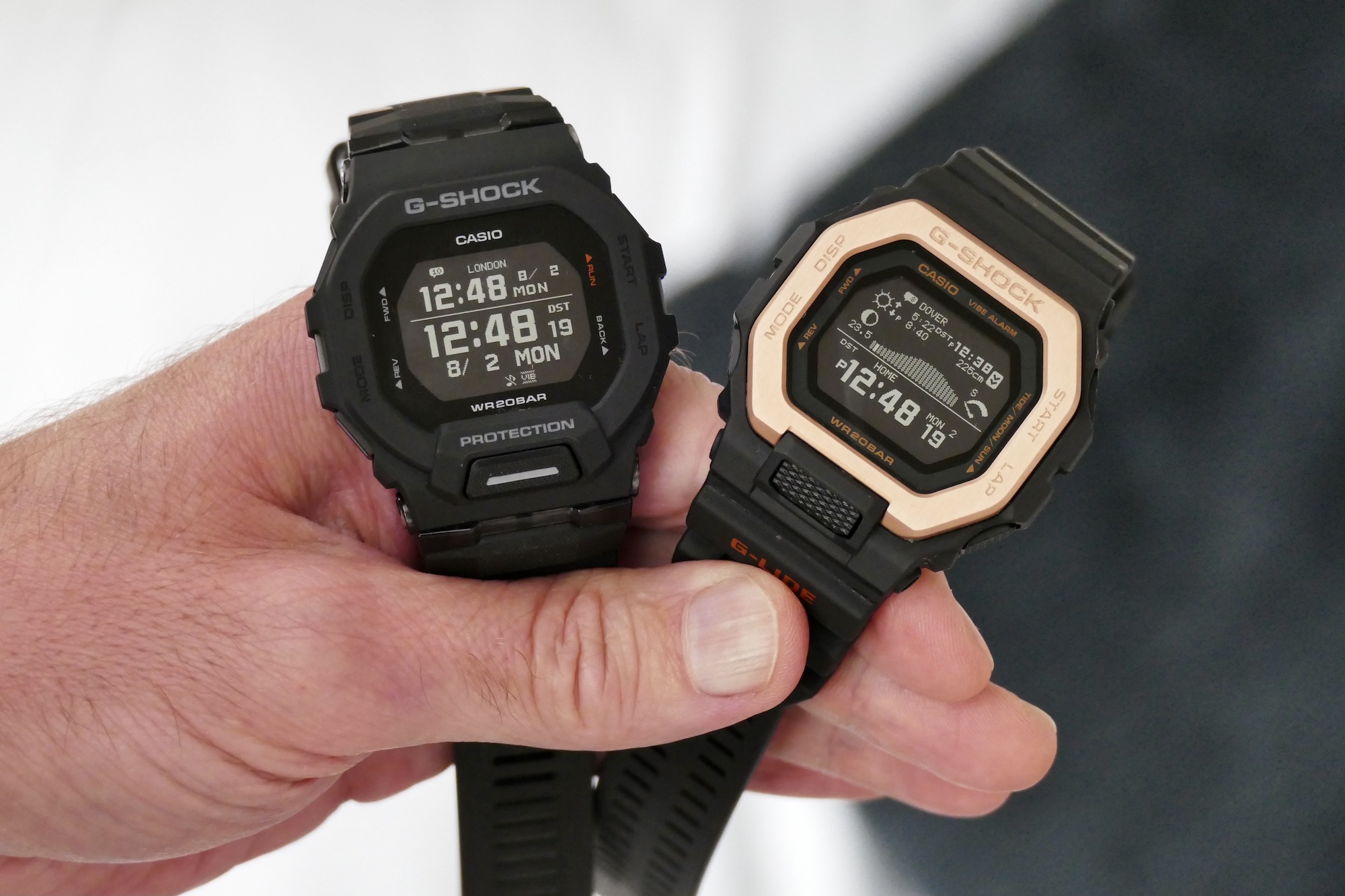 The G Shock GBX-100NS and GBD-100 side-by-side.