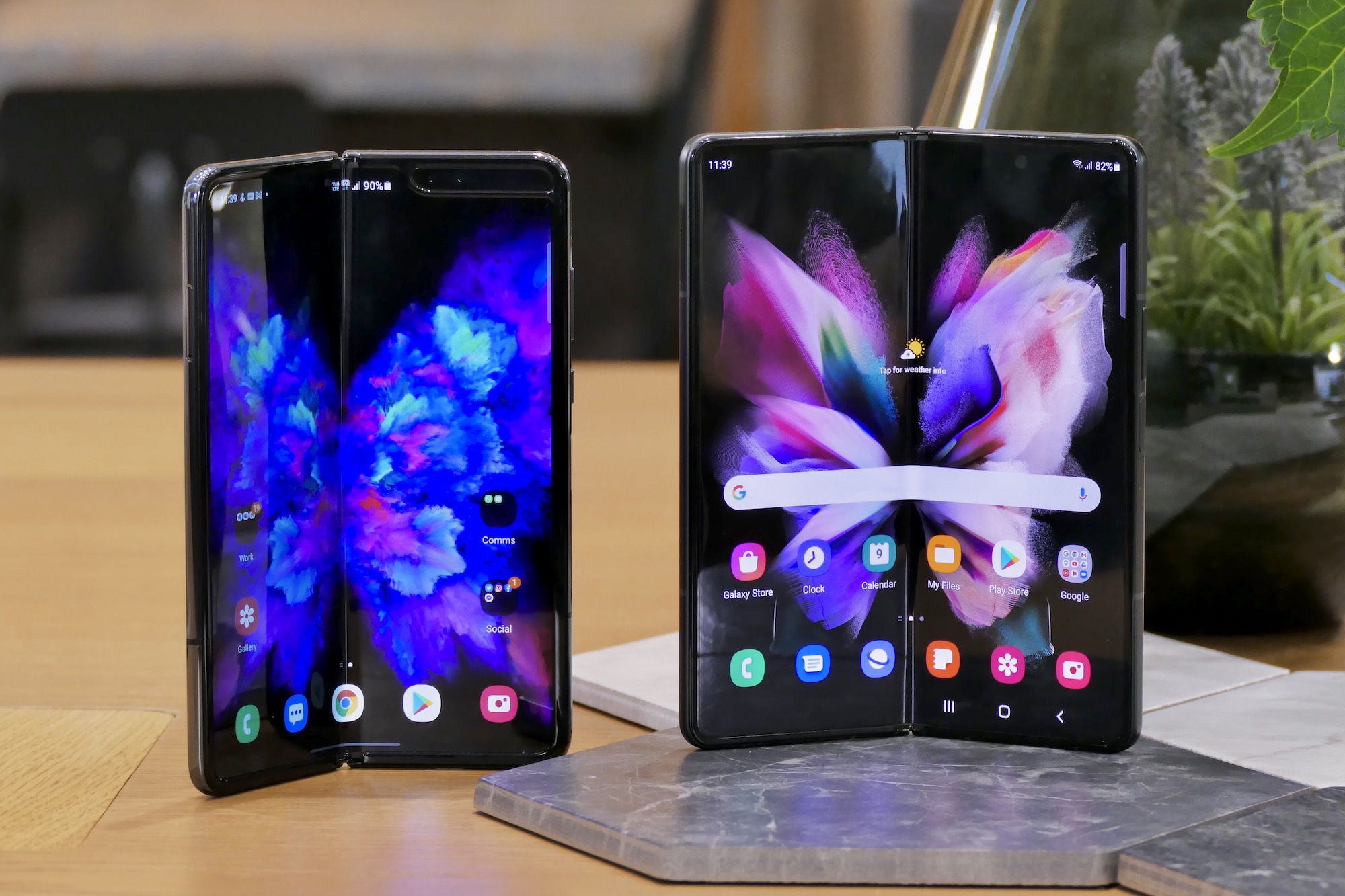 Galaxy Fold (left) and Galaxy Z Fold 3 (right) with open screens.