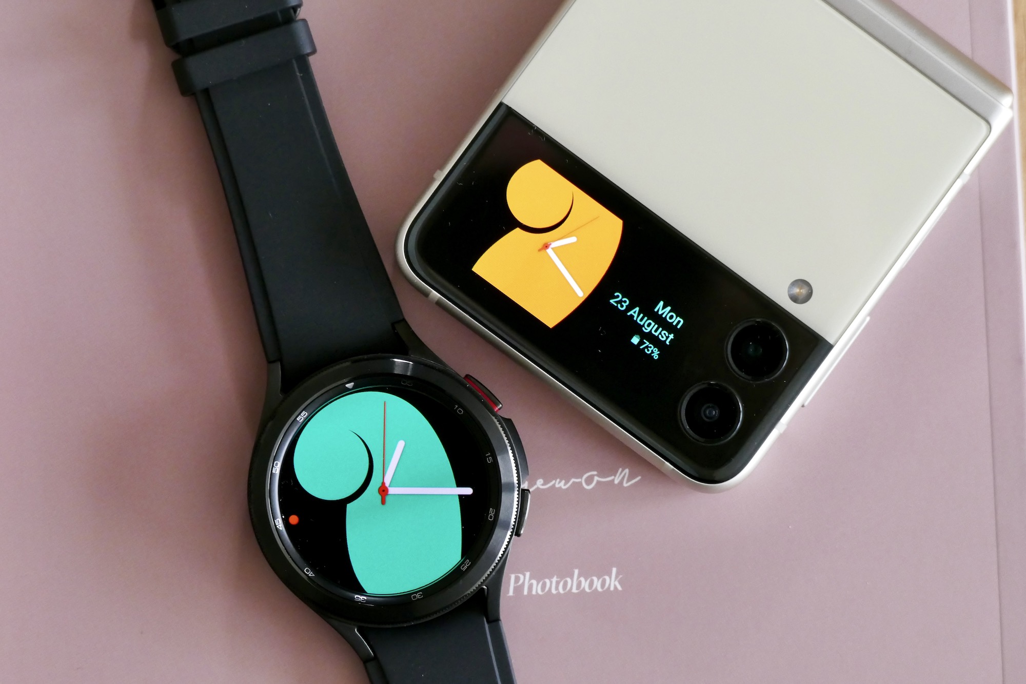 Galaxy Z Flip 3's Cover Screen with Galaxy Watch 4 Classic.