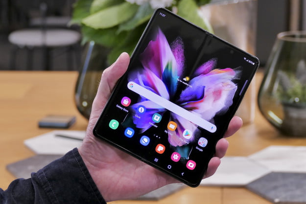 The Samsung Galaxy Z Fold 3, with the full screen opened.