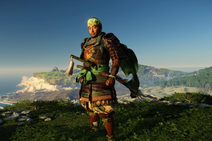 Jin wearing the Sarugami armor with Iki island in the background.