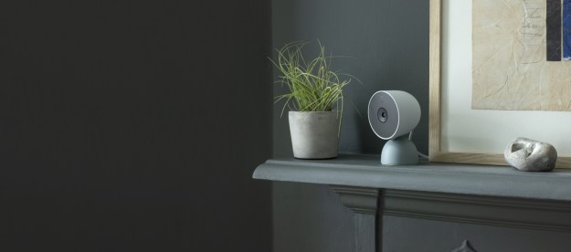 Google Nest Cam (wired) perched on shelf.