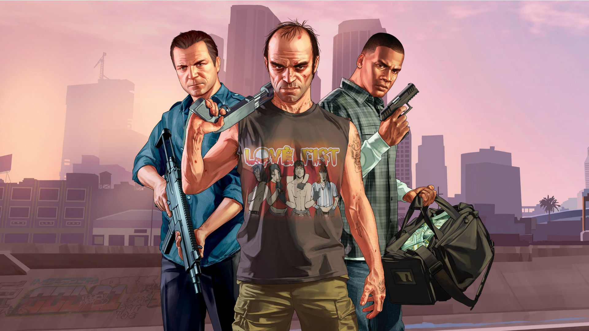 The protagonists of GTA V pose for the camera.