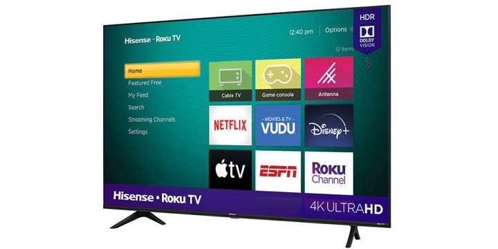 Hisense 58-inch R6 Series 4K UHD LED Roku Smart TV with streaming apps on the screen.