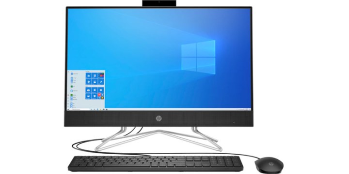 HP All-in-One 24-df1036xt from a center angle on a white background and featuring a keyboard and mouse.