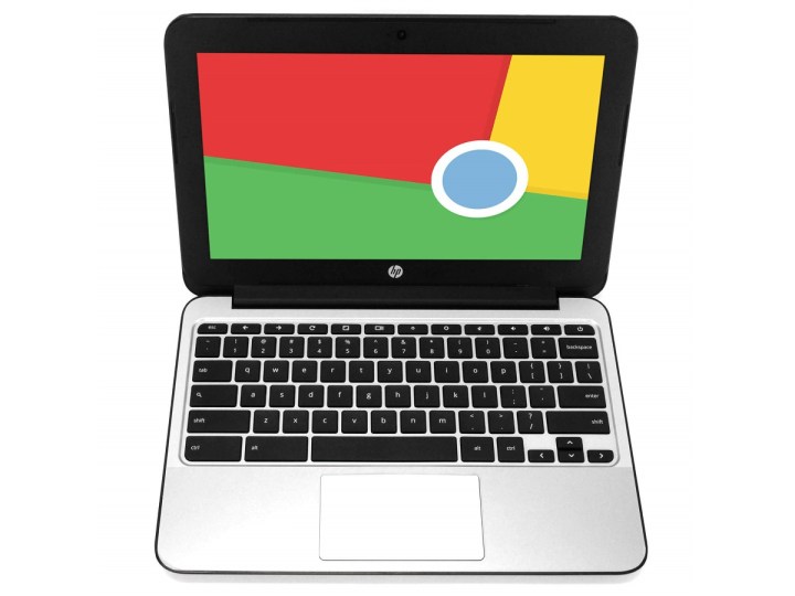 The HP Chromebook 11 G4 with Chrome OS colors on the screen.