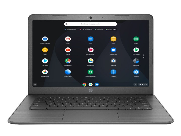 An HP Chromebook with a 14-inch touchscreen, showing various apps on the display.
