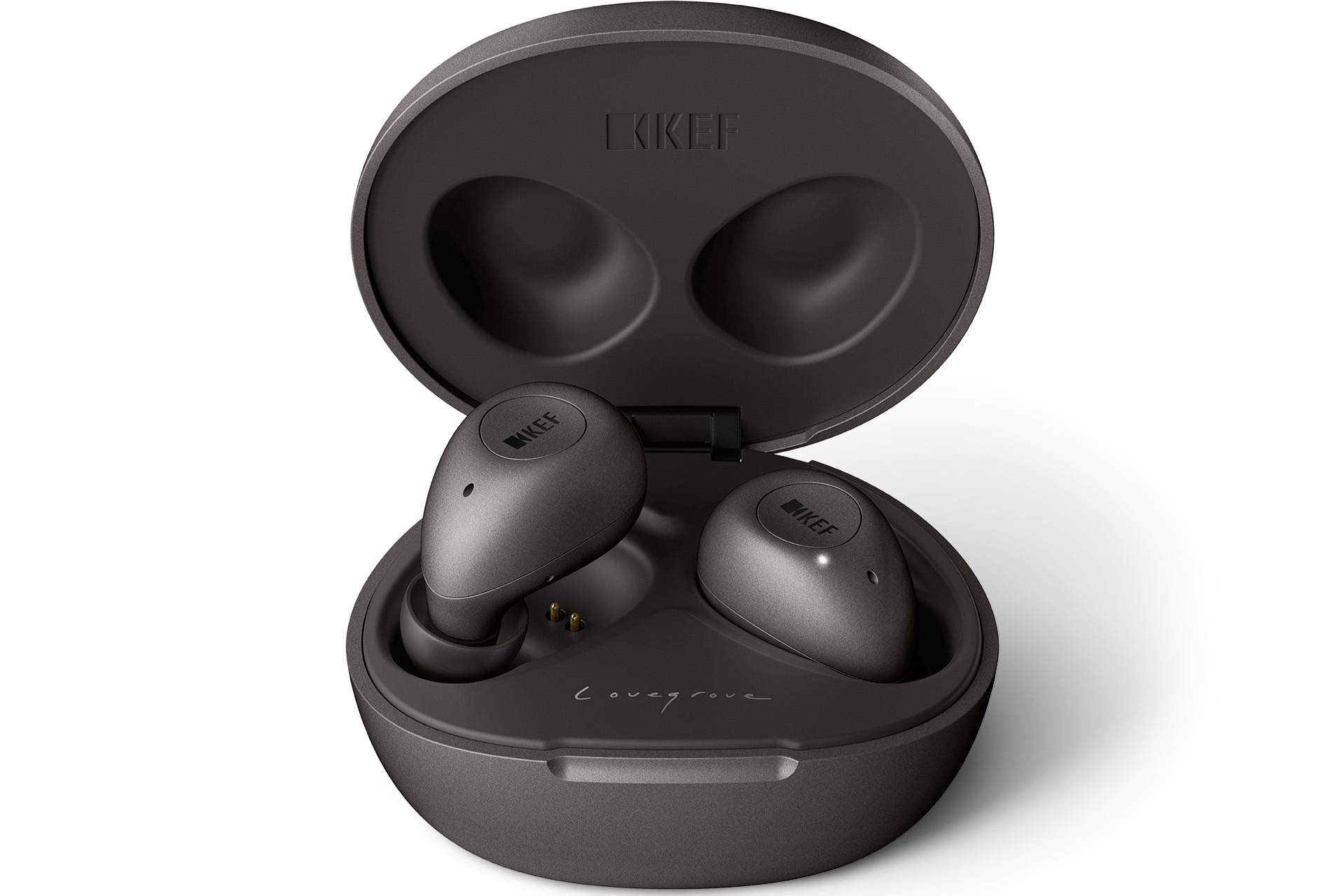 KEF Mu3 True Wireless Earbuds in charcoal grey.