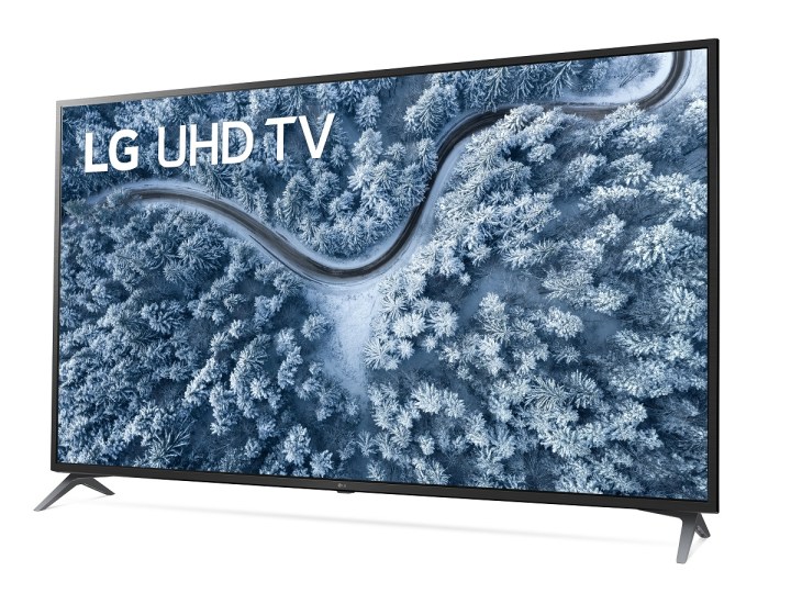 The LG UP7070, a 70-inch 4K TV, showing a snowy scene on the display.