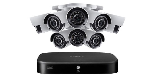 Lorex 8-Channel 4K security system with 8 cameras and DVR shown on white background.