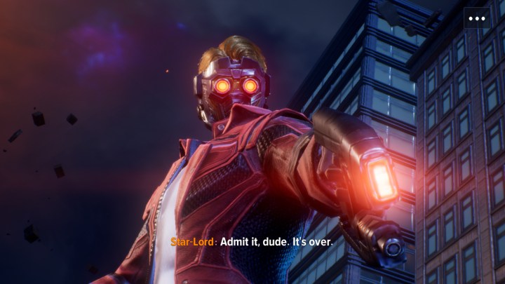 Marvel's Star-Lord says "Admit it, dude. It's over." He is pointing his blaster just next to the observer.