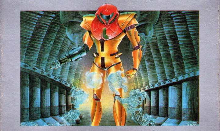 Samus on the cover of Metroid.