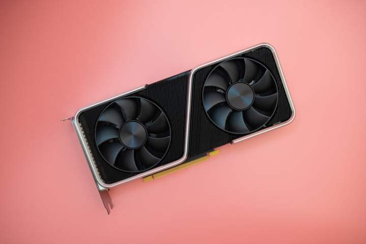 Nvidia RTX 3060 Ti Founders Edition on a pink background.