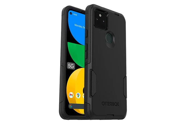 Otterbox Commuter Series Rugged Case for the Pixel 5a in black, showing the front and back of the case's rugged protection.