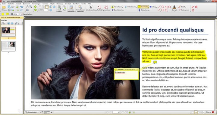 A PDF-XChange Editor desktop app screenshot from its developer showing a PDF document that features a photo of a woman.
