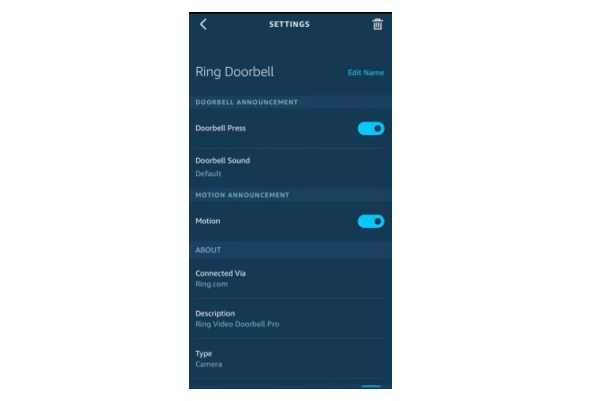 Ring video doorbell settings show on an Alexa app.